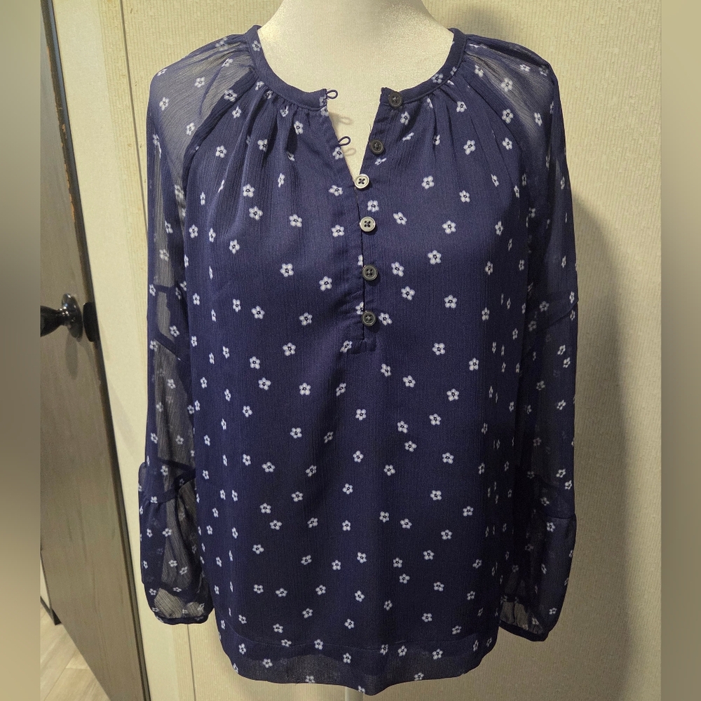 LOFT Navy Floral Sheer Sleeve Blouse
